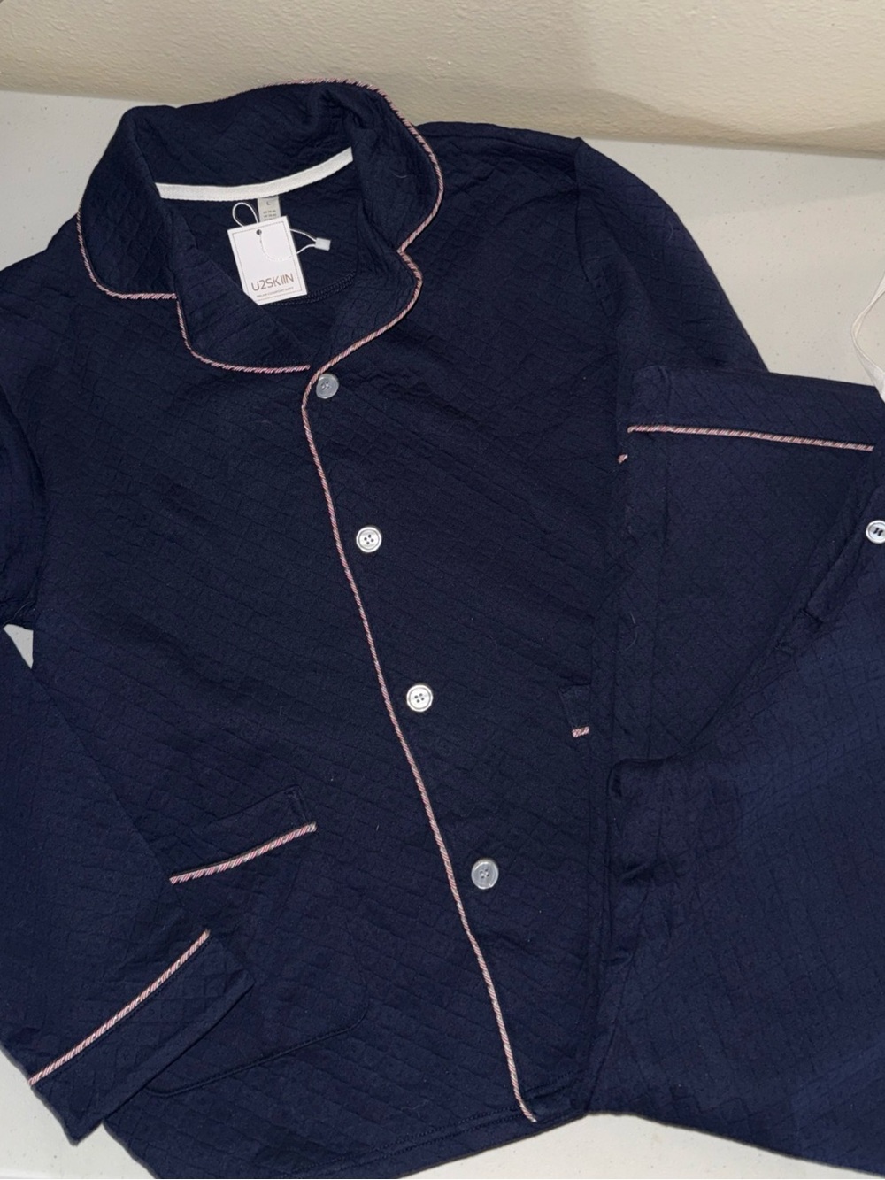 Skin Navy Quilted Lightweight Shirt Jacket with Pink Trim